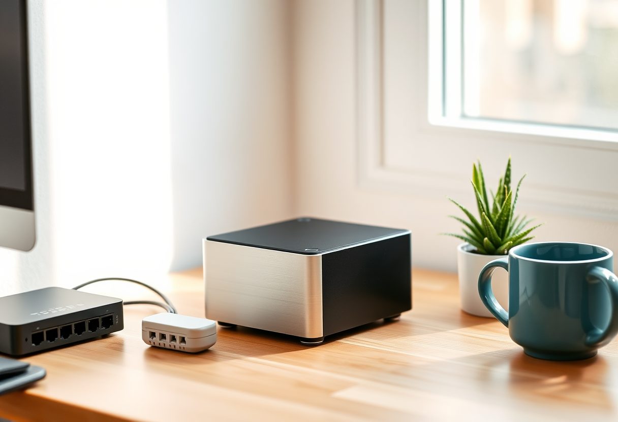 A small silver-and-black mini-PC on a light-wood desk beside a home network switch, with a teal mug and a little plant in warm morning window light — the kind of compact used micro that makes the best-value homelab node in 2026.